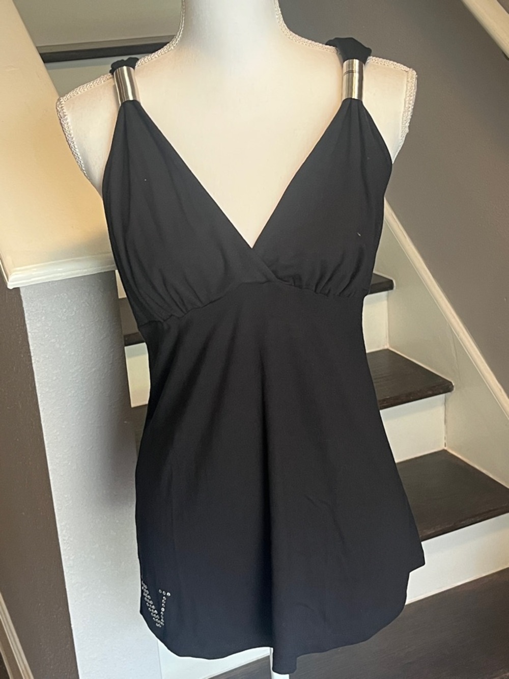 Vertigo Paris Black V-Neck Top with Metal Strap Accents. Empire style. New